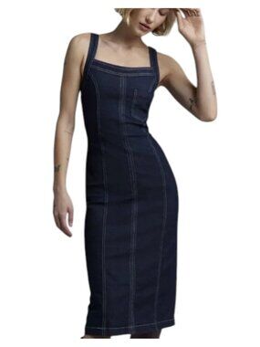 BDG Urban Outfitters Finley Denim Midi Dress Square Neck Fitted Blue M